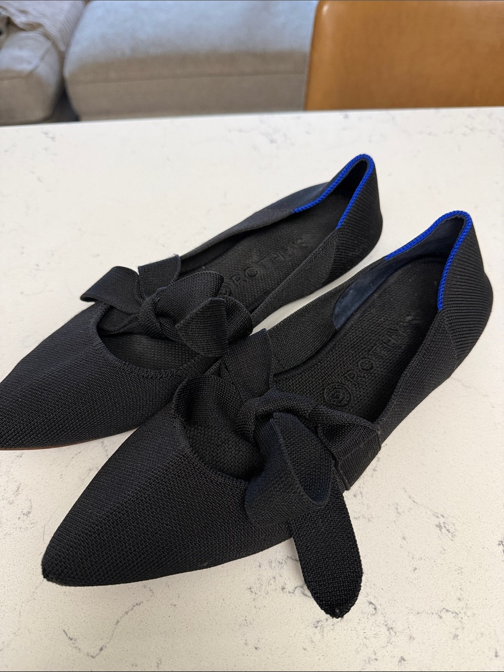 Rothy’s Black Pointed Knit Ballet Flats with Bow